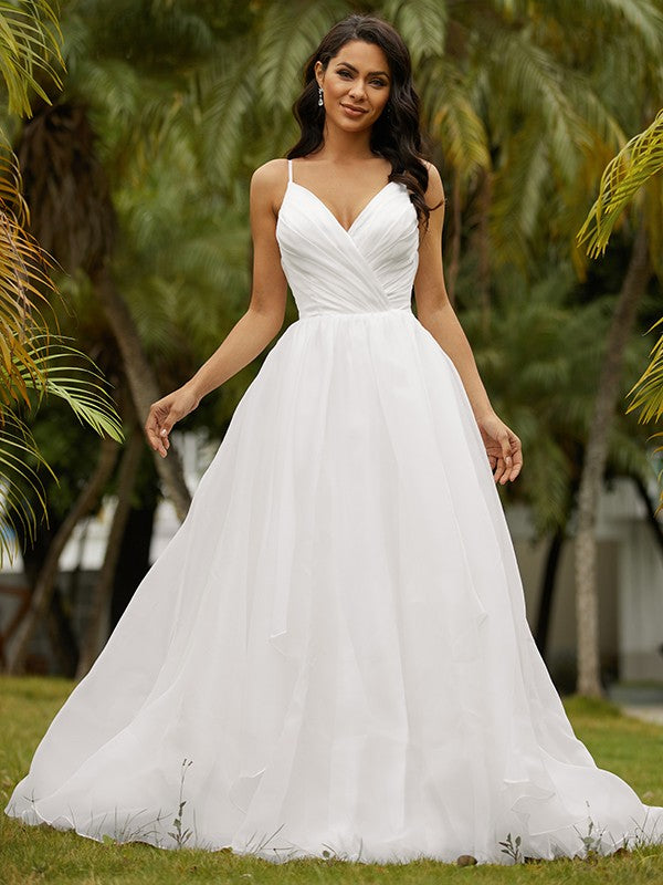 Ball Gown V-Neck Satin Sleeveless Ruffled Wedding Gown - Chloe Dress