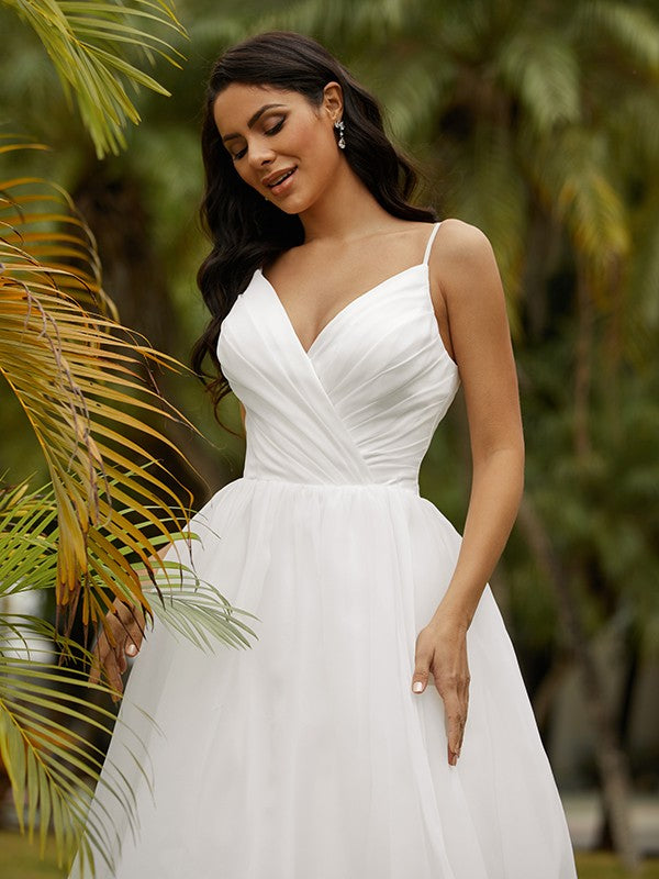 Ball Gown V-Neck Satin Sleeveless Ruffled Wedding Gown - Chloe Dress
