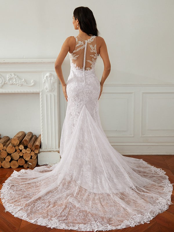Sheath Lace Sleeveless Train Wedding Dress - Chloe Dress