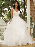 Ball Gown V-Neck Tulle Sleeveless Train Wedding Gown - Chloe Dress