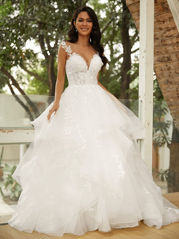 Ball Gown V-Neck Tulle Sleeveless Train Wedding Gown - Chloe Dress