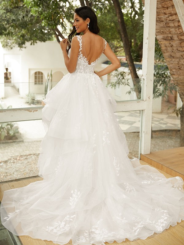 Ball Gown V-Neck Tulle Sleeveless Train Wedding Gown - Chloe Dress