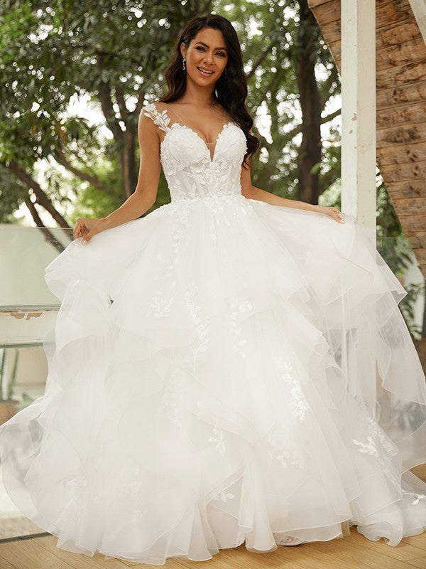 Ball Gown V-Neck Tulle Sleeveless Train Wedding Gown - Chloe Dress