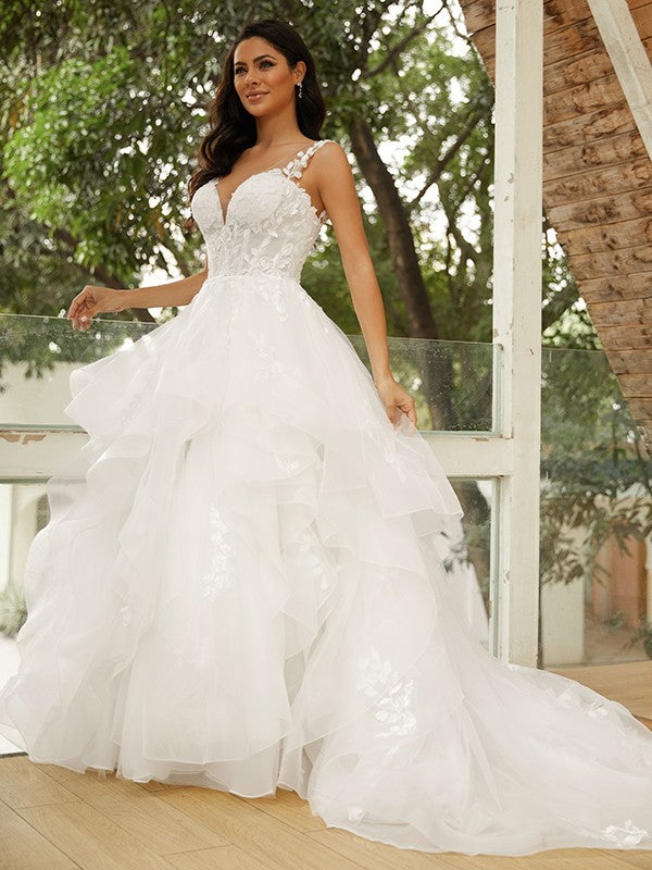 Ball Gown V-Neck Tulle Sleeveless Train Wedding Gown - Chloe Dress