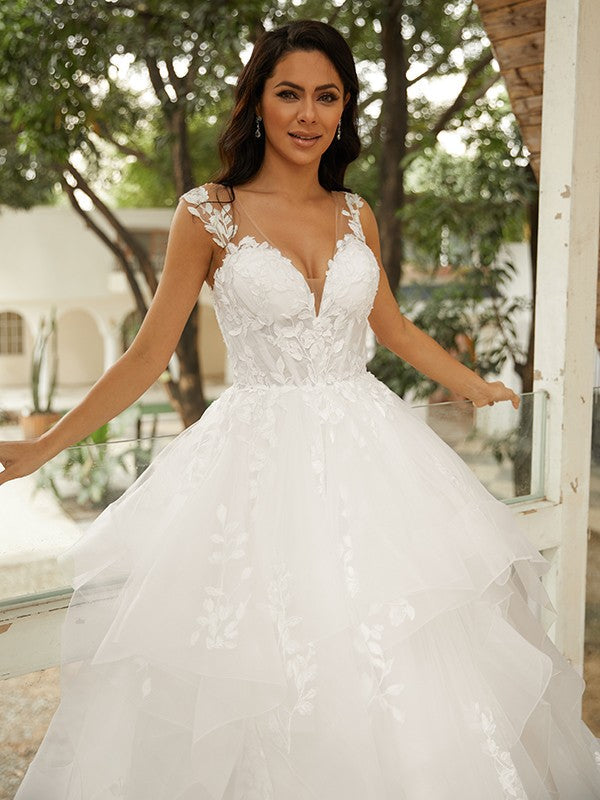 Ball Gown V-Neck Tulle Sleeveless Train Wedding Gown - Chloe Dress