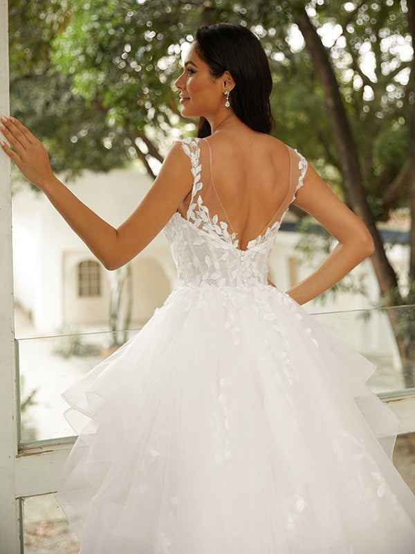 Ball Gown V-Neck Tulle Sleeveless Train Wedding Gown - Chloe Dress