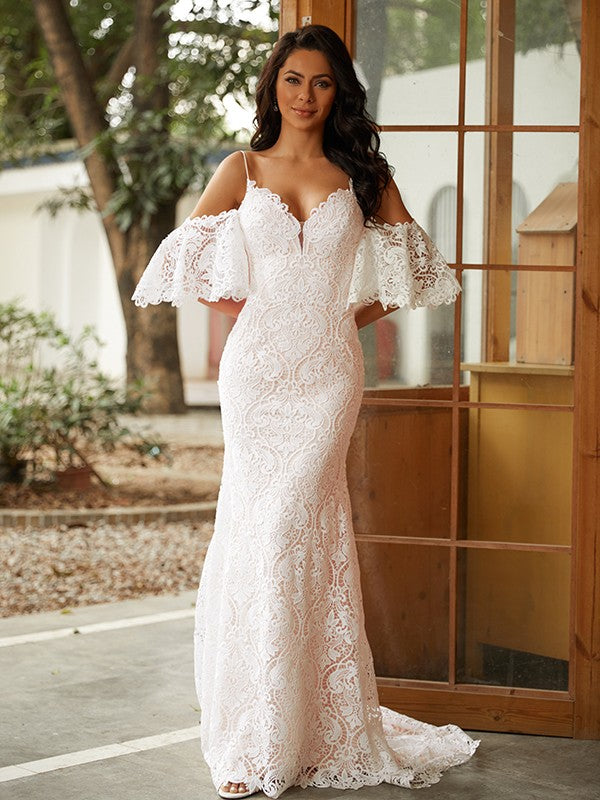 Sheath V-Neck Lace Short Sleeve Train Mini Wedding Dress - Chloe Dress