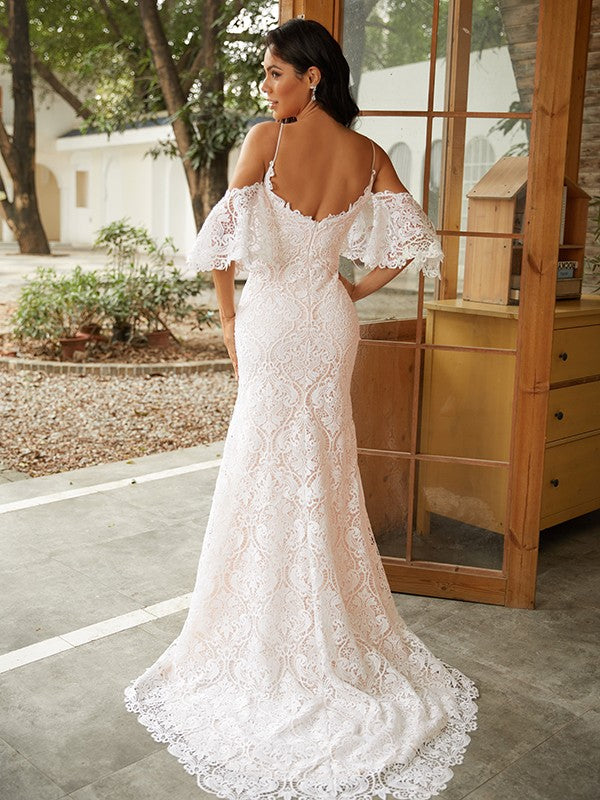 Sheath V-Neck Lace Short Sleeve Train Mini Wedding Dress - Chloe Dress