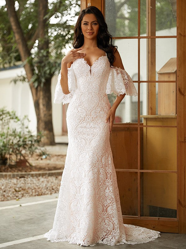 Sheath V-Neck Lace Short Sleeve Train Mini Wedding Dress - Chloe Dress