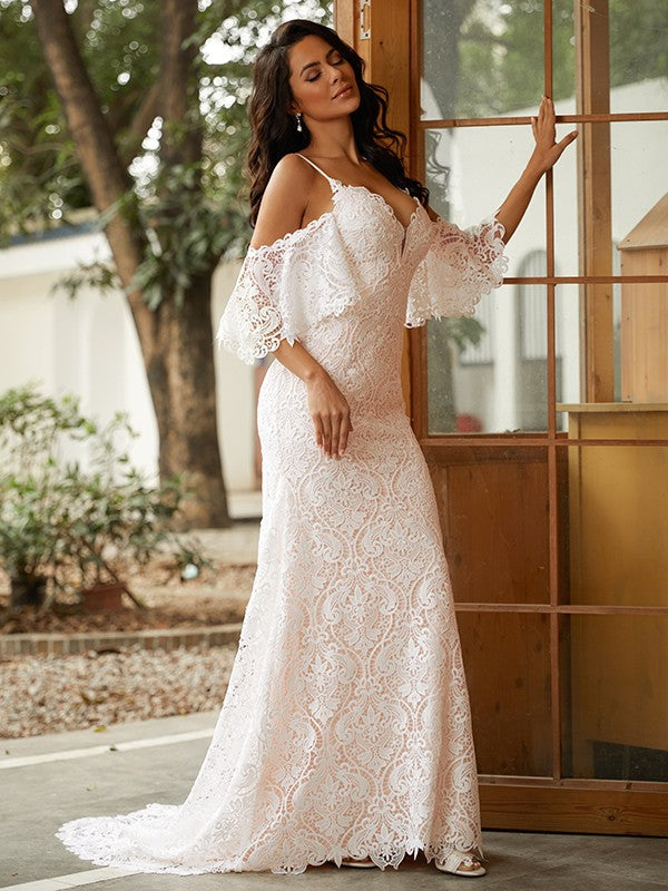 Sheath V-Neck Lace Short Sleeve Train Mini Wedding Dress - Chloe Dress