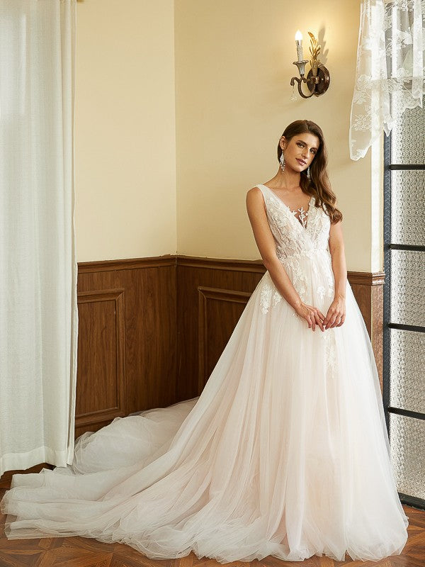 A-Line V-Neck Tulle Sleeveless Train Wedding Dress - Chloe Dress