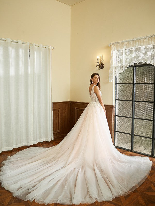 A-Line V-Neck Tulle Sleeveless Train Wedding Dress - Chloe Dress