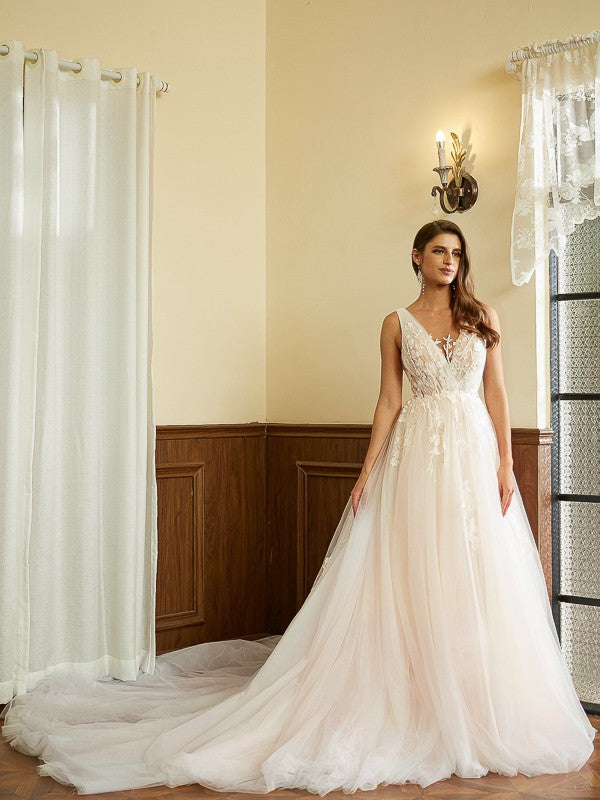 A-Line V-Neck Tulle Sleeveless Train Wedding Dress - Chloe Dress