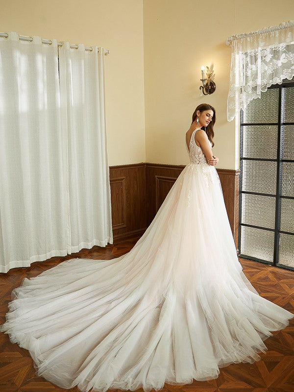 A-Line V-Neck Tulle Sleeveless Train Wedding Dress - Chloe Dress