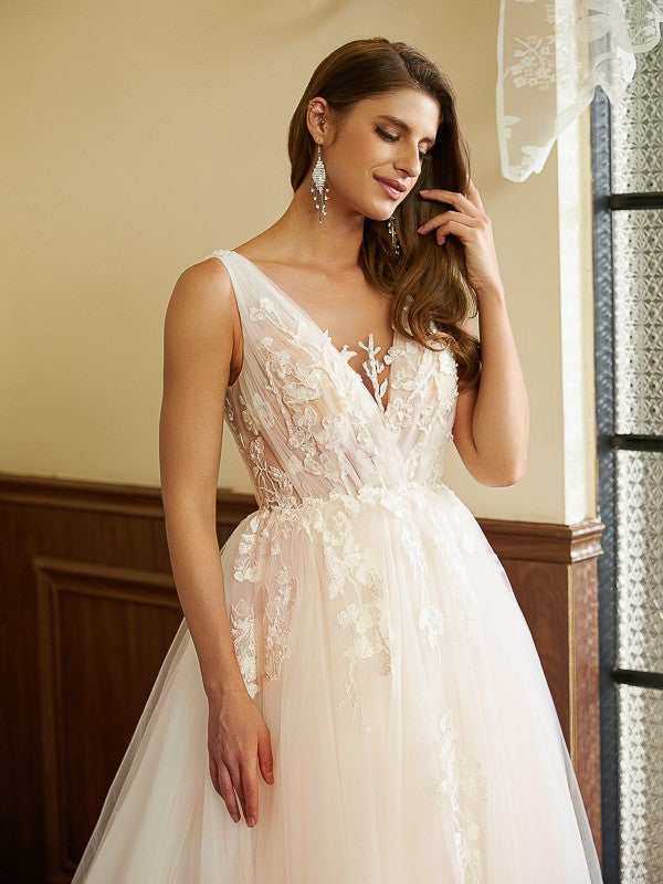 A-Line V-Neck Tulle Sleeveless Train Wedding Dress - Chloe Dress