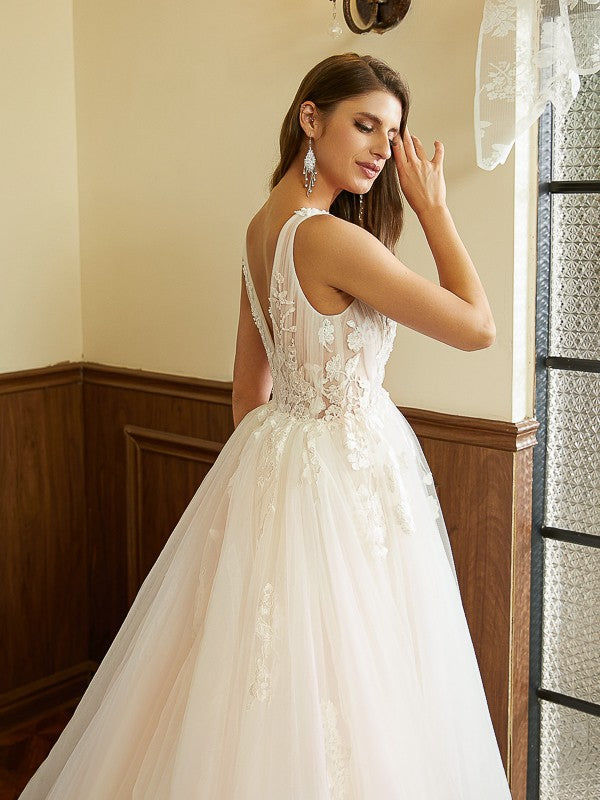A-Line V-Neck Tulle Sleeveless Train Wedding Dress - Chloe Dress