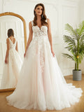 A-Line V-Neck Tulle Sleeveless Train Wedding Dress - Chloe Dress