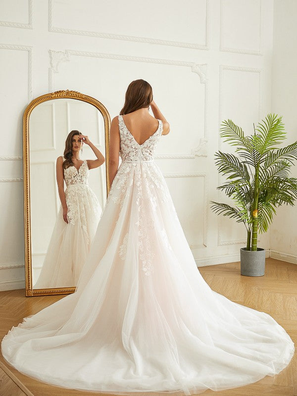 A-Line V-Neck Tulle Sleeveless Train Wedding Dress - Chloe Dress