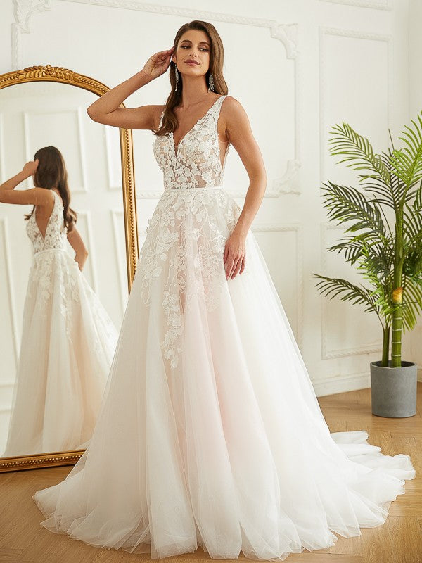A-Line V-Neck Tulle Sleeveless Train Wedding Dress - Chloe Dress