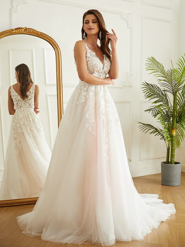 A-Line V-Neck Tulle Sleeveless Train Wedding Dress - Chloe Dress