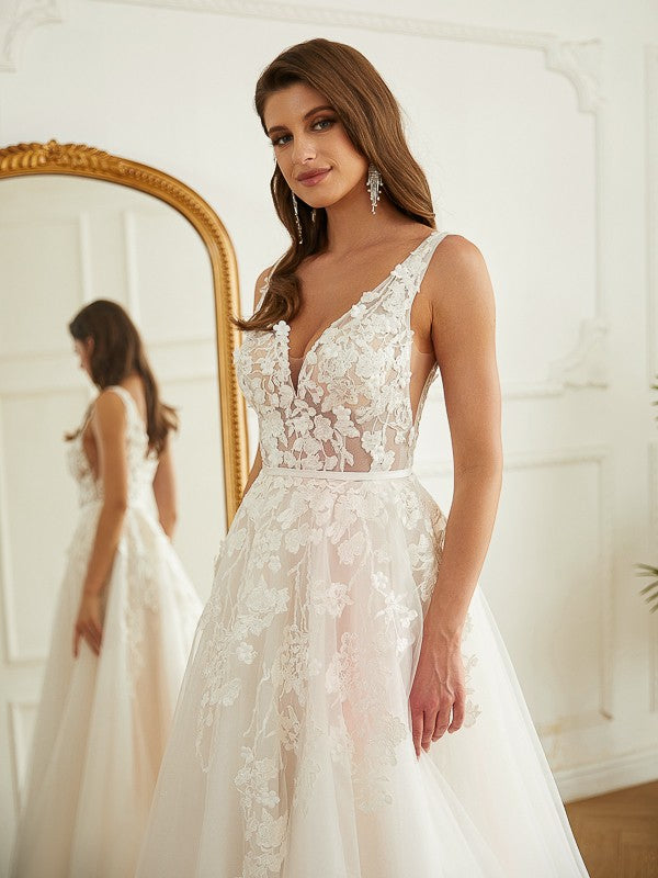 A-Line V-Neck Tulle Sleeveless Train Wedding Dress - Chloe Dress
