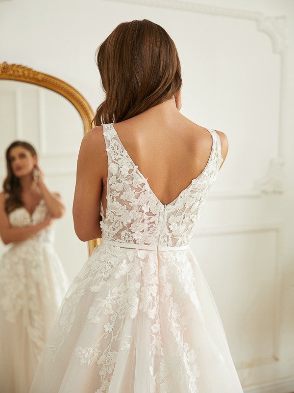 A-Line V-Neck Tulle Sleeveless Train Wedding Dress - Chloe Dress