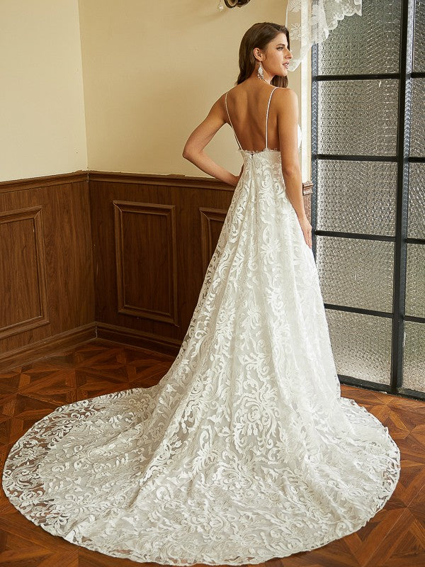 A-Line V-Neck Lace Sleeveless Train Wedding Dress - Chloe Dress