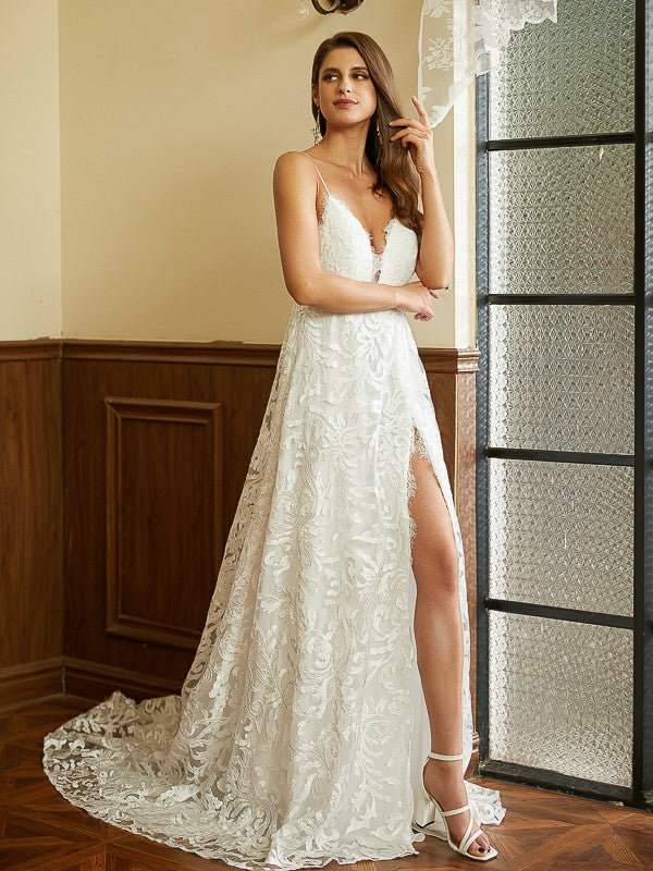 A-Line V-Neck Lace Sleeveless Train Wedding Dress - Chloe Dress