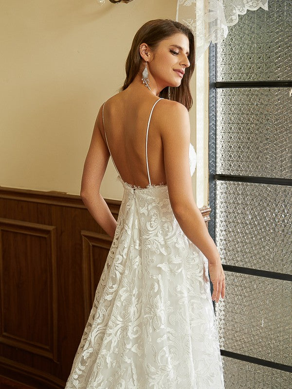 A-Line V-Neck Lace Sleeveless Train Wedding Dress - Chloe Dress