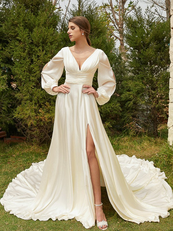 A-Line V-Neck Satin Long Sleeve Train Wedding Dress - Chloe Dress
