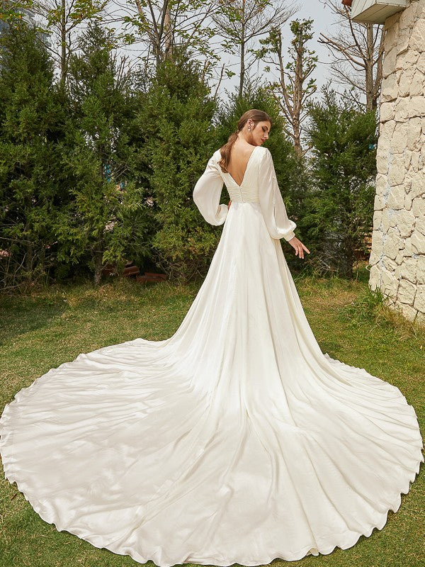 A-Line V-Neck Satin Long Sleeve Train Wedding Dress - Chloe Dress