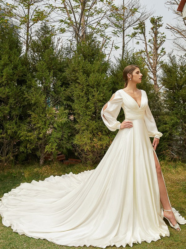 A-Line V-Neck Satin Long Sleeve Train Wedding Dress - Chloe Dress