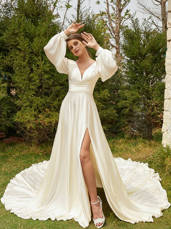A-Line V-Neck Satin Long Sleeve Train Wedding Dress - Chloe Dress
