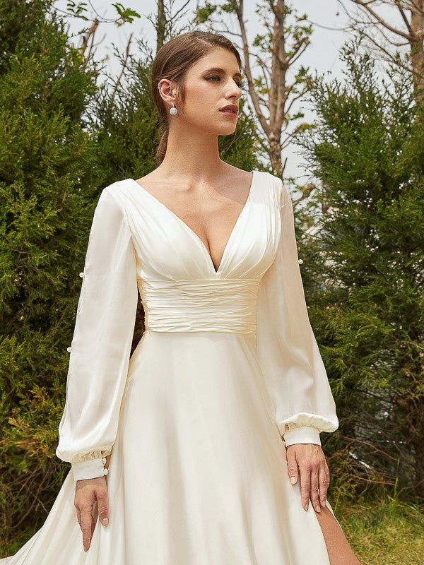 A-Line V-Neck Satin Long Sleeve Train Wedding Dress - Chloe Dress