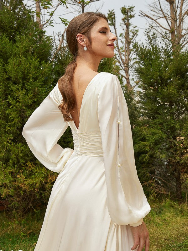 A-Line V-Neck Satin Long Sleeve Train Wedding Dress - Chloe Dress
