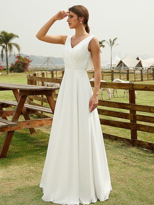 A-Line V-Neck Chiffon Sleeveless Floor-Length Wedding Dress - Chloe Dress