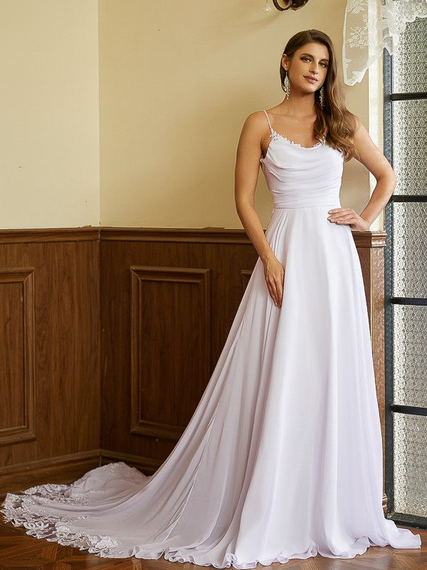 A-Line Spaghetti Strap Chiffon Sleeveless Train Wedding Dress - Chloe Dress