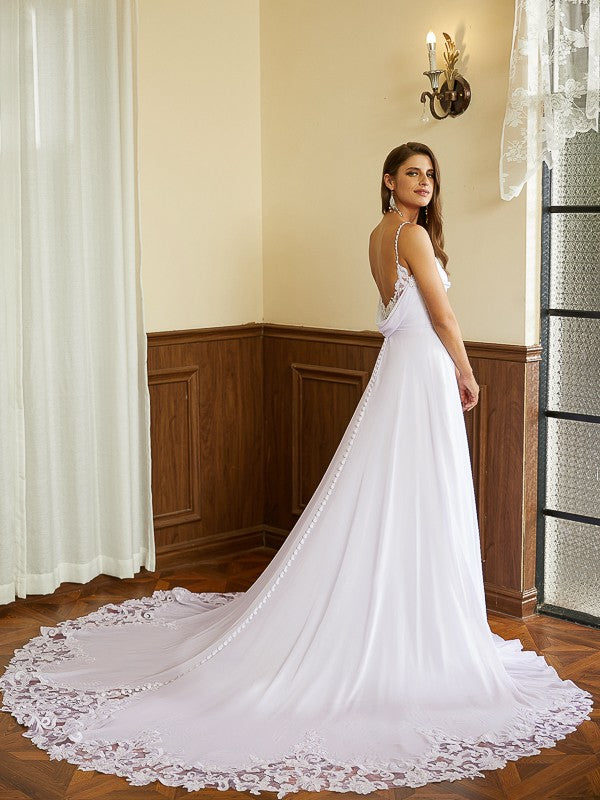 A-Line Spaghetti Strap Chiffon Sleeveless Train Wedding Dress - Chloe Dress