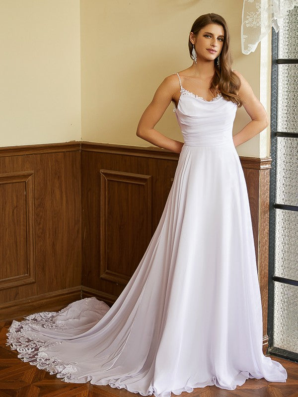 A-Line Spaghetti Strap Chiffon Sleeveless Train Wedding Dress - Chloe Dress