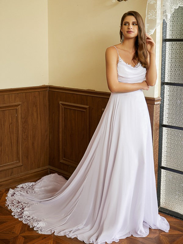 A-Line Spaghetti Strap Chiffon Sleeveless Train Wedding Dress - Chloe Dress