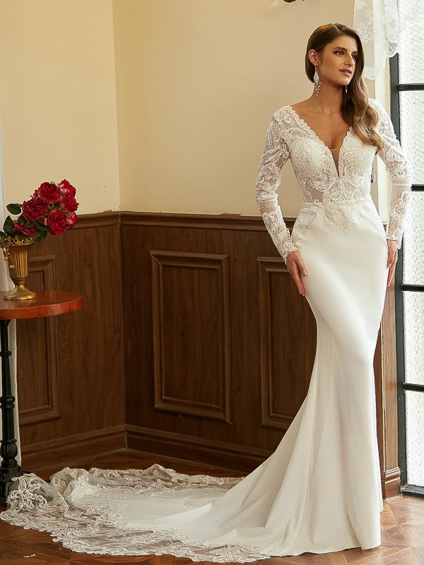 Sheath V-Neck Lace Long Sleeve Train Wedding Dress - Chloe Dress