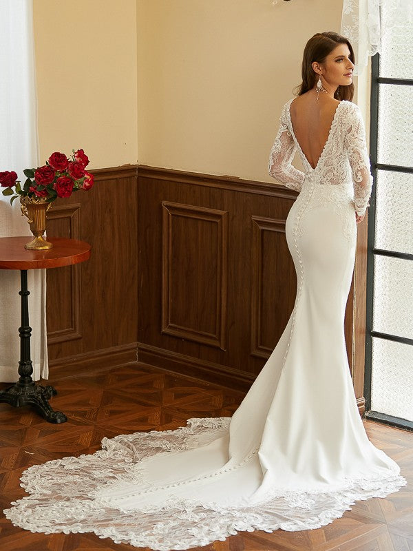 Sheath V-Neck Lace Long Sleeve Train Wedding Dress - Chloe Dress