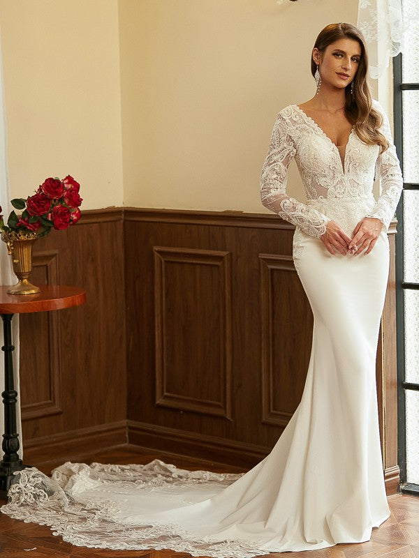 Sheath V-Neck Lace Long Sleeve Train Wedding Dress - Chloe Dress