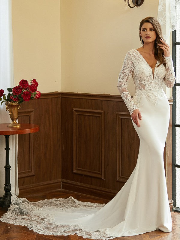 Sheath V-Neck Lace Long Sleeve Train Wedding Dress - Chloe Dress