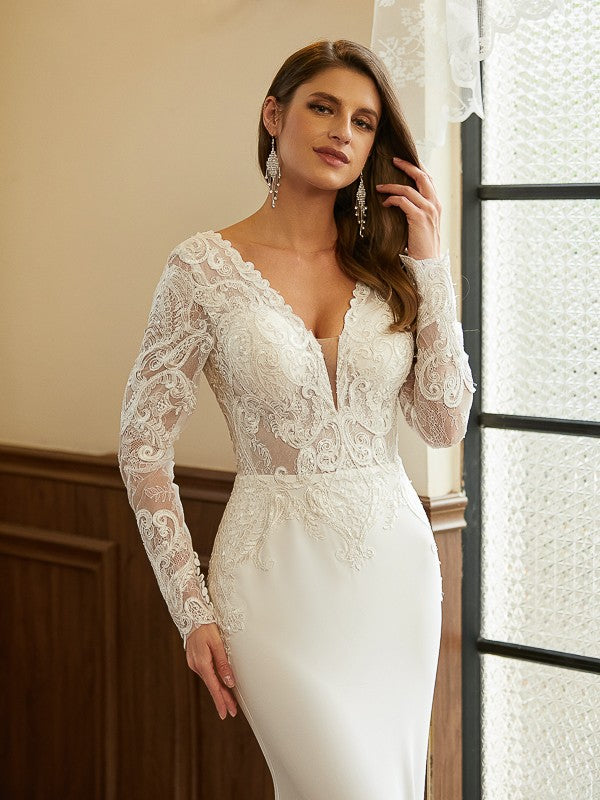 Sheath V-Neck Lace Long Sleeve Train Wedding Dress - Chloe Dress