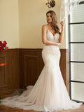 Mermaid V-Neck Tulle Sleeveless Train Wedding Dress - Chloe Dress