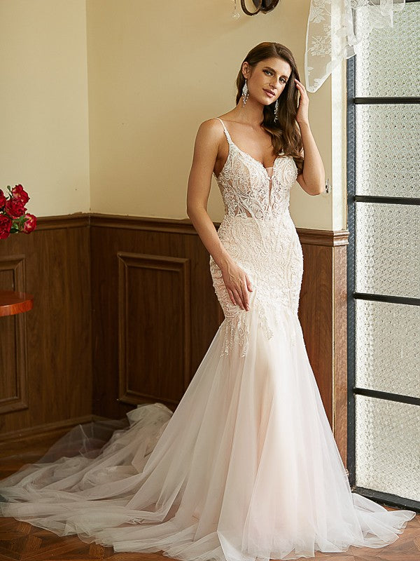 Mermaid V-Neck Tulle Sleeveless Train Wedding Dress - Chloe Dress