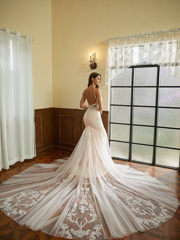Mermaid V-Neck Tulle Sleeveless Train Wedding Dress - Chloe Dress