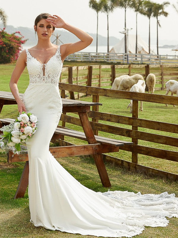 Sheath V-Neck Lace Sleeveless Train Wedding Dress - Chloe Dress