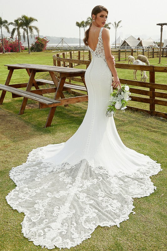 Sheath V-Neck Lace Sleeveless Train Wedding Dress - Chloe Dress
